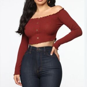 Mind Code - Large - Off-Shoulder Burgundy Cropped Top